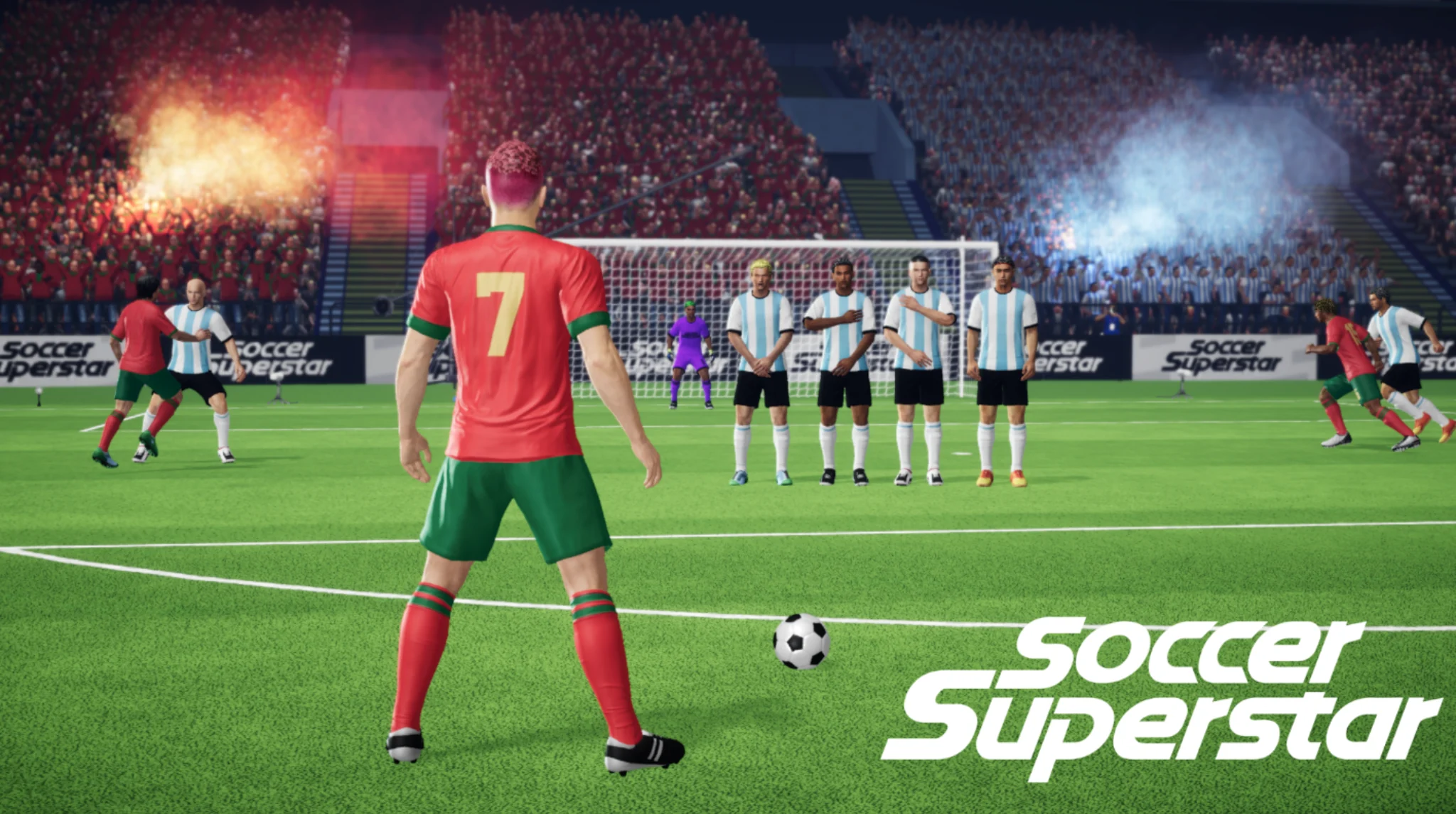 Soccer Superstar stadium scene showing number 10 and number 7 players walking toward a trophy before kickoff