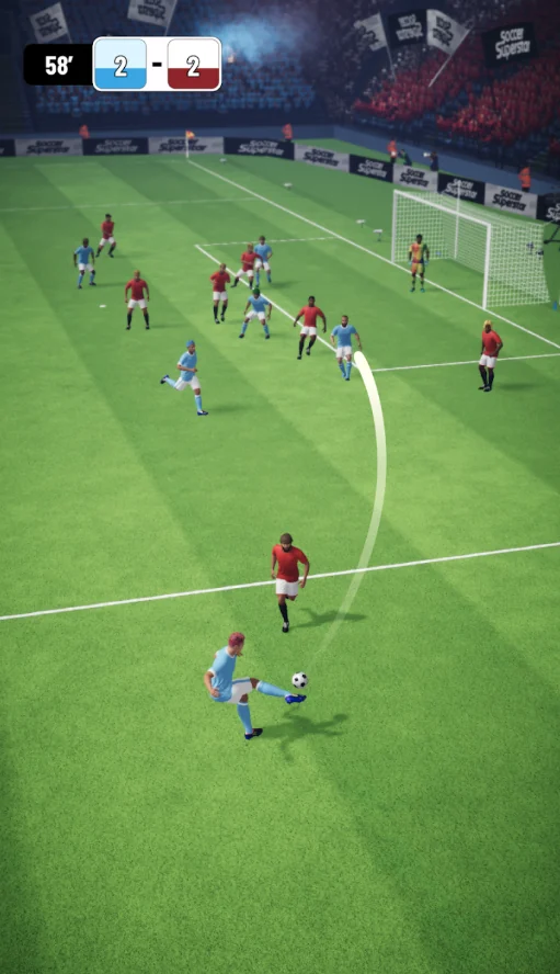 Soccer Superstar bicycle kick sequence in front of goal with defenders and stadium crowd