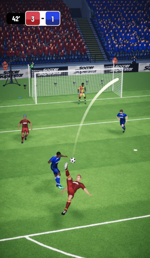 Soccer Superstar curved shot gameplay with a light blue player whipping the ball toward goal