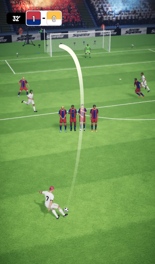 Soccer Superstar white shirt player taking a free kick over a defensive wall toward goal