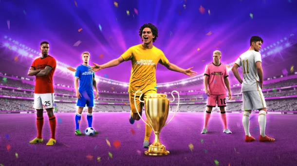 Soccer Superstar football heroes standing around a gold trophy in a purple lit stadium