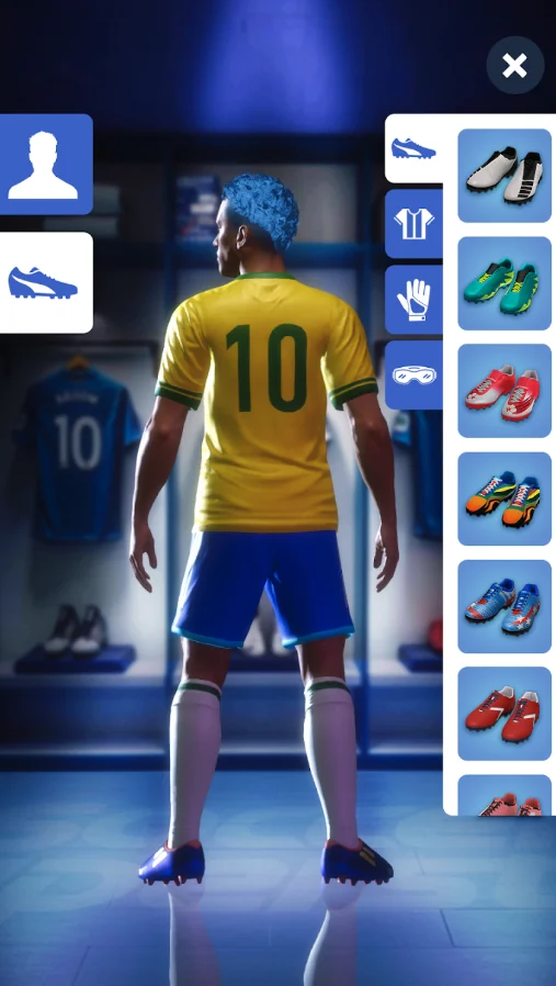 Soccer Superstar player customization screen showing a number 10 footballer in a yellow jersey with boot options